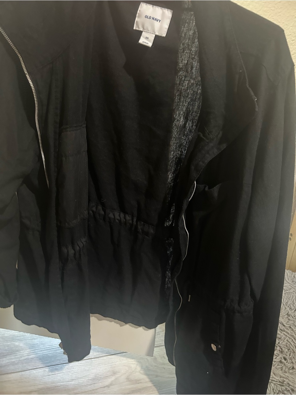 Old Navy Black Utility Jacket with Zip and Drawstring Waist